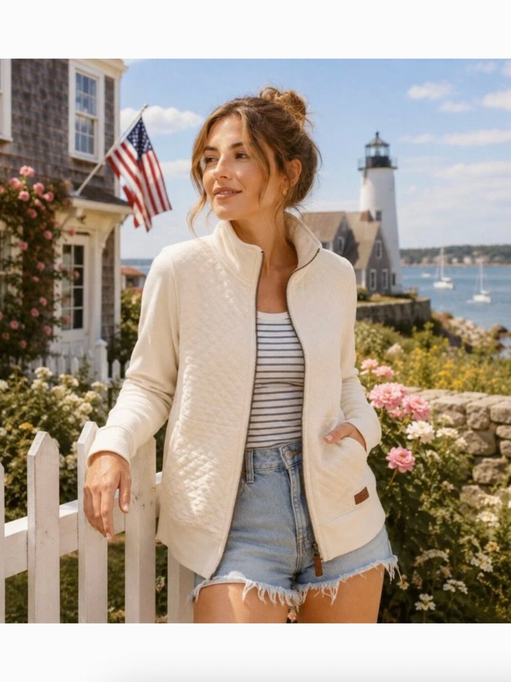 LL Bean Women's Quilted Full-Zip Sweatshirt Cream Small